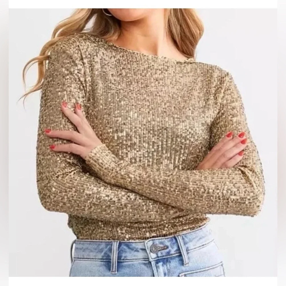 FREE PEOPLE Intimately Gold Rush Long Sleeve Sequin Glam Maximalist Women Small